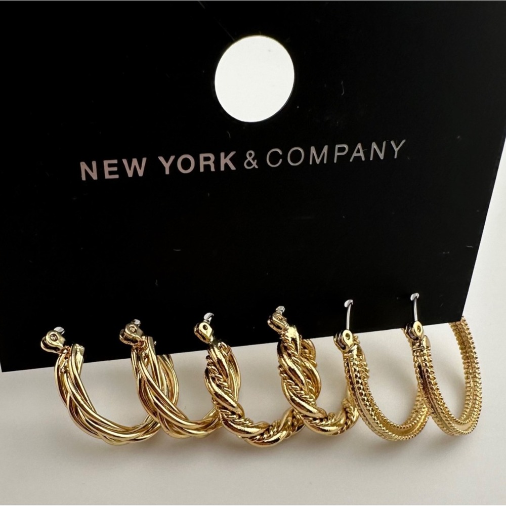NEW YORK & COMPANY Hoop Earrings 3 Pairs NWT Gold Tone